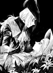 2girls bloodborne bonnet cape commentary expressionless flower greyscale hair_flower hair_ornament highres holding_hands kuropin lady_maria_of_the_astral_clocktower looking_at_another monochrome multiple_girls plain_doll sideways_glance