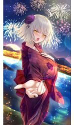 1girl alternate_costume black_nails blush breasts commentary_request corrupted_twitter_file fate/grand_order fate_(series) fireworks floral_print from_side hair_ornament hand_on_own_chest highres japanese_clothes jeanne_d&#039;arc_alter_(fate) kimono large_breasts long_sleeves looking_at_viewer looking_to_the_side nail_polish night open_mouth outdoors outstretched_hand penguintake red_kimono red_sash sash short_hair solo tongue tongue_out water white_hair yellow_eyes