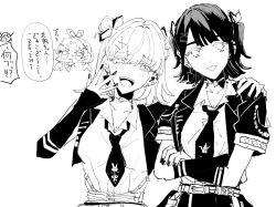 3girls :d :p blush breasts cerise_bouquet chibi chibi_inset choker cleavage collared_shirt crossed_arms double_bun dress_shirt flipped frown greyscale hair_bun hair_intakes hair_ornament high_contrast highres hinoshita_kaho i_do_me!_(love_live!) jacket large_breasts link!_like!_love_live! looking_at_viewer love_live! medium_hair momose_ginko monochrome multiple_girls necktie official_alternate_costume official_alternate_hairstyle open_clothes open_jacket open_mouth osawa_rurino shirt short-sleeved_jacket short_sleeves simple_background single_sleeve sketch smile tongue tongue_out two_side_up upper_body virtual_youtuber white_background x_hair_ornament zako_(phrase) zuisetsu