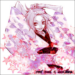 00s 1girl artist_request chomesuke d.gray-man female_focus japanese_clothes lowres monochrome purple_theme short_hair solo source_request star_(symbol)