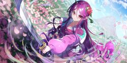 1girl alternate_costume bespectacled blue_sky breasts brown_shirt brown_skirt camellia cleavage closed_mouth cloud cone_horns cosmos_(flower) day falling_petals field fingernails flower flower_field game_cg glasses hair_flower hair_ornament highres holding holding_sheath holding_sword holding_weapon horns jacket katana left-handed lens_flare long_fingernails long_hair long_sleeves nippaku_zanmu official_art oni open_clothes open_jacket outdoors petals pink_flower pink_hair pink_jacket pink_petals pleated_skirt puffy_long_sleeves puffy_sleeves red_flower round_eyewear sailor_collar sailor_shirt school_uniform serafuku sheath shirt skirt sky smile solo sword third-party_source touhou touhou_lostword unsheathed very_long_hair vvpxo weapon white_flower white_sailor_collar