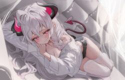 Rule 34 | 1girl, absurdres, ahoge, bare shoulders, black shorts, blush, braid, breasts, bright pupils, cleavage, closed mouth, commentary, couch, demon girl, demon horns, demon tail, dolphin shorts, grey hair, highres, horns, indoors, kerno, long hair, long sleeves, looking at viewer, lying, micro shorts, midriff peek, off shoulder, on couch, on side, original, pink eyes, pointy ears, red eyes, shirt, short shorts, shorts, smile, solo, tail, thighhighs, thighs, very long hair, white hair, white pupils, white shirt, white thighhighs