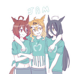 3girls absurdres agnes_tachyon_(umamusume) ahoge animal_ears arm_around_neck black_hair black_pants blue_shirt brown_eyes brown_hair closed_mouth grin hair_between_eyes hair_ornament hairclip highres horse_ears horse_girl horse_tail jam_(umamusume) jungle_pocket_(umamusume) long_hair manhattan_cafe_(umamusume) multiple_girls navel pants seila_rei shirt short_sleeves simple_background smile tail tied_shirt umamusume very_long_hair white_background yellow_eyes