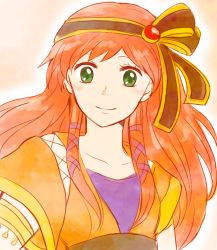 1girl bad_id bad_pixiv_id breasts chrono_cross commentary_request dress female_focus green_eyes hairband highres leena_(chrono_cross) long_hair mizushima_(kazami4) orange_hair red_hair sidelocks smile solo