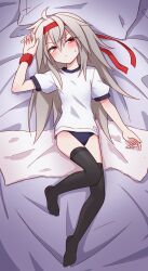 Rule 34 | 1girl, absurdres, ahoge, black thighhighs, blush, buruma, elena trafalgar, flat chest, grey hair, gym uniform, hairband, highres, ikune juugo, long hair, looking at viewer, original, red eyes, red hairband, solo, sweat, thighhighs, towel, very long hair