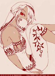 1girl dated female_focus gerudo_set_(zelda) goma_tonbi long_hair looking_at_viewer monochrome mouth_veil nintendo pointy_ears red_eyes red_theme sheik simple_background solo the_legend_of_zelda the_legend_of_zelda:_breath_of_the_wild the_legend_of_zelda:_ocarina_of_time the_legend_of_zelda:_twilight_princess veil
