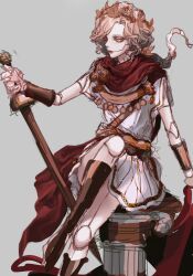 Rule 34 | 1boy, absurdres, boots, bracer, brown boots, brown hair, closed mouth, doll joints, foot out of frame, greco-roman clothes, grey background, hand up, highres, holding, holding sword, holding weapon, identity v, jiz (pffbq), joints, joseph desaulniers, joseph desaulniers (apollo), knee up, laurel crown, long hair, low ponytail, male focus, pillar, ponytail, short sleeves, simple background, sitting, slit pupils, solo, sword, tunic, weapon, white tunic, yellow eyes