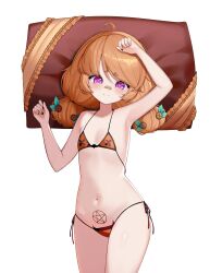 absurdres ahoge armpits bandaid bandaid_on_face bandaid_on_nose bikini blush buttons flat_chest freckles highres immy_bisou immy_bisou_(artist) looking_at_viewer navel official_art orange_hair pentagram pubic_tattoo purple_eyes swimsuit symbol-shaped_pupils tattoo transparent_background vallure virtual_youtuber x-shaped_pupils