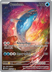 Rule 34 | animal focus, artist name, card (medium), character name, company name, copyright name, copyright notice, dondozo, egawa akira, english text, fish, nintendo, no humans, official art, open mouth, pokemon, pokemon (creature), pokemon card, pokemon focus, pokemon tcg, splashing, tatsugiri, tatsugiri (curly), tatsugiri (stretchy), third-party source, trading card, water, water drop, waves