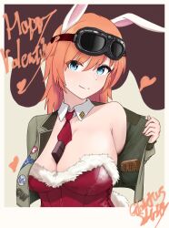 Rule 34 | 1girl, animal ears, breasts, charlotte e. yeager, goggles, goggles on head, happy valentine, highres, jacket, large breasts, leotard, long hair, looking at viewer, necktie, open clothes, orange hair, rabbit ears, rabbit girl, red jacket, red leotard, red necktie, saku 1424, smile, solo, strike witches, upper body, world witches series