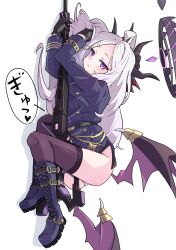 1girl absurdres ahoge ass belt belt_buckle black_belt black_boots black_gloves black_skirt black_thighhighs blue_archive boots buckle buttons commentary_request demon_girl demon_horns demon_wings forehead gloves groin gun hair_ribbon halo highres hina_(blue_archive) horns hugging_object knee_boots loli long_hair long_sleeves looking_at_viewer lying machine_gun mg42 military_uniform miniskirt mosuke1221 on_side panties pantyshot parted_bangs pencil_skirt purple_eyes ribbon side_slit sidelocks simple_background skirt solo speech_bubble thighhighs translation_request underwear wavy_hair weapon white_background white_hair white_panties wings