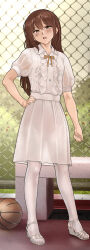 1girl absurdres ball basketball_(object) blouse brown_eyes brown_hair full_body hair_between_eyes highres long_hair looking_at_viewer open_mouth original pantyhose sandals shirt standing yewang19 yu_xuan_(yewang19)