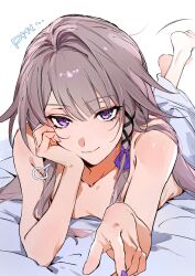 1girl breasts brown_hair closed_mouth collarbone commentary head_on_hand herta_(honkai:_star_rail) hickey highres honkai:_star_rail honkai_(series) hwan_(mob_hwan) legs_up long_hair looking_at_viewer lying nude on_bed on_stomach purple_eyes reaching reaching_towards_viewer simple_background small_breasts smile solo symbol-only_commentary the_herta_(honkai:_star_rail) the_pose white_background yuri