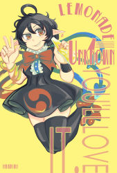 1girl ad ahoge asymmetrical_wings black_dress black_hair black_thighhighs blue_wings bottle bow bowtie center_frills dress english_text frills glass_bottle hakai_no_ika highres holding holding_bottle houjuu_nue legs_up lemonade looking_at_viewer nail_polish red_bow red_bowtie red_eyes red_footwear red_nails red_wings sharp_teeth short_hair short_sleeves simple_background solo teeth thighhighs touhou v-shaped_eyebrows w wings yellow_background