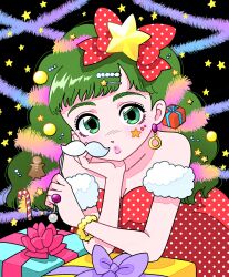 Rule 34 | 1girl, bare shoulders, black background, bow, bracelet, breasts, candy hair ornament, christmas ornaments, christmas present, cleavage, dress, earrings, fake facial hair, fake mustache, food-themed hair ornament, fujishima moyu, garland (decoration), gift, gingerbread man hair ornament, green eyes, green hair, hair ornament, hairclip, highres, jewelry, looking at viewer, original, polka dot, polka dot bow, polka dot dress, pursed lips, solo, star (symbol)