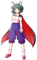 1girl alphes_(style) antennae black_cape blue_shorts blush buttons cape commentary_request crying crying_with_eyes_open dairi frilled_sleeves frills full_body green_eyes green_hair highres large_variant_set loafers long_sleeves looking_at_viewer open_mouth parody red_cape red_shoes shirt_tucked_in shoes short_hair shorts socks solo standing style_parody tachi-e tears touhou transparent_background two-sided_cape two-sided_fabric variant_set white_socks wriggle_nightbug