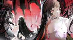1girl absurdres beatrice_(forever_7th_capital) black_choker black_cloak black_hair blunt_bangs choker cloak forever_7th_capital highres long_hair multiple_others red_eyes rrrr_222 shirt single_off_shoulder very_long_hair white_shirt