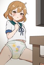 1girl :o bandage_on_cheek blue_ribbon blue_sailor_collar blush brcl7777 brown_eyes brown_hair clenched_hand commentary_request diaper diaper_focus double-parted_bangs exposed_diaper hand_up kantai_collection looking_at_object neck_ribbon no_pants oboro_(kancolle) parted_lips pee pee_stain peed_self peeing peeing_diaper peeing_self print_diaper ribbon sailor_collar sailor_shirt school_uniform shirt short_hair short_sleeves solo squatting v-shaped_eyebrows wet_diaper
