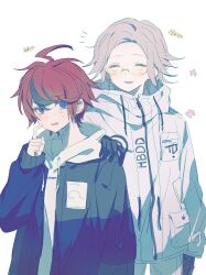 2boys :d ^_^ absurdres ahoge aotsuki_eito black_gloves black_jacket blue_eyes closed_eyes finger_to_cheek fuseru770 gloves grey_hair hand_on_another&#039;s_shoulder height_difference highres hood hoodie jacket male_focus multicolored_hair multiple_boys open_mouth rectangular_mouth red_hair short_hair simple_background smile streaked_hair sumino_takumi sweatdrop the_hundred_line_-last_defense_academy- upper_body white_background white_hoodie white_jacket