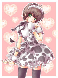 Rule 34 | 00s, 1girl, alternate costume, animal print, bad id, bad pixiv id, brown hair, code geass, cow print, cow tail, crossdressing, dress, enmaided, female focus, green eyes, kururugi suzaku, maid, maid headdress, male focus, muu, solo, tail, thighhighs, trap