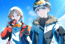 2boys black_gloves black_hat brown_hair can drinking gloves grey_hair hanamura_yousuke hat holding holding_can looking_at_viewer male_focus multiple_boys narukami_yu nodoka906 parted_lips persona persona_4 snow teeth upper_body winter_clothes