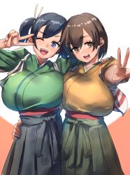 2girls absurdres blue_eyes blue_hair blush breasts brown_eyes brown_hair green_hakama green_kimono hair_ribbon hakama hakama_skirt highres hiryuu_(kancolle) japanese_clothes kantai_collection kimono large_breasts looking_at_viewer multiple_girls one_side_up open_mouth orange_background orange_kimono quanero ribbon short_hair side_ponytail skirt smile souryuu_(kancolle) twintails white_background white_ribbon yellow_kimono