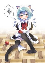 1girl alternate_costume animal_ears apple apron black_dress black_thighhighs blue_eyes blue_hair blush bow bowtie cat_ears cat_girl cirno clumsy collared_shirt commentary detached_wings dress enmaided food frilled_dress frills fruit full_body highres ice ice_wings kemonomimi_mode looking_at_viewer maid maid_apron maid_headdress no_shoes ochazuke on_floor open_mouth puffy_short_sleeves puffy_sleeves red_bow red_bowtie shirt short_hair short_sleeves solo spoken_squiggle squiggle thighhighs touhou white_apron white_background wings wooden_floor