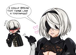 1boy 1girl 2b_(nier:automata) 9s_(nier:automata) alternate_breast_size_(larger) black_coat black_gloves black_hairband blindfold blush breasts cleavage cleavage_cutout clothing_cutout coat commentary english_commentary flying_sweatdrops gloves grey_hair hairband heart highres large_breasts mole mole_under_eye nervous_smile nier:automata nier_(series) romulproduce smile