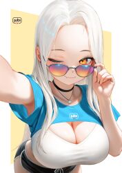1girl breasts fang large_breasts long_tongue one_eye_closed regiana_(jubi) shorts sunglasses tagme tongue wink