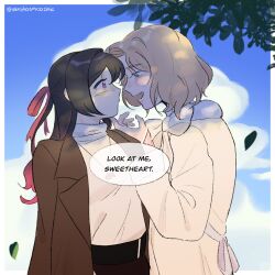 2girls artist_name black_pants blonde_hair blue_eyes blue_sky blush borrowed_character bow brown_coat brown_hair cloud coat commentary couple dappled_sunlight day eimikosmoothie english_commentary english_text eye_contact falling_leaves gradient_hair hair_ribbon hand_on_another&#039;s_chin highres leaf long_hair long_sleeves looking_at_another multicolored_hair multiple_girls open_clothes open_coat open_mouth original outdoors pants pink_eyes pink_hair red_ribbon ribbon short_hair sky speech_bubble sunlight sweater turtleneck turtleneck_sweater upper_body white_bow white_coat white_sweater yuri