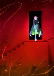 Rule 34 | 1girl, absurdres, alien stage, black cloak, black shirt, blue pants, bowing, cloak, closed eyes, commentary, doorway, hashtag-only commentary, highres, hood, hooded cloak, long sleeves, mizi (alien stage), mochimochu u, pants, pink hair, shirt, shoes, short hair, stairs, the truman show, very short hair, white shoes