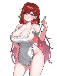 1girl absurdres akane_lize apron blonde_hair blush breasts cleavage commentary_request cowboy_shot cross cross_earrings ear_piercing earrings frilled_apron frills grey_eyes grin hair_ornament hairclip hand_on_own_hip highres holding holding_ladle jewelry korean_commentary ladle large_breasts long_hair looking_at_viewer mole mole_on_breast mole_on_cheek multicolored_hair naked_apron piercing red_hair sangobob simple_background smile solo standing stellive streaked_hair very_long_hair virtual_youtuber white_apron white_background