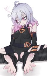 1girl bare_shoulders black_bodysuit black_sleeves black_socks bodysuit breasts briar_(league_of_legends) closed_mouth colored_sclera colored_skin colored_tips covered_erect_nipples detached_sleeves fang feet_together female_focus foot_focus full_body grey_hair grey_skin league_of_legends long_toenails looking_at_viewer medium_hair meemz_a multicolored_hair naughty_face petite pointy_ears red_hair red_sclera simple_background sitting small_breasts smile socks solo spread_legs stirrup_legwear toeless_legwear toenails toes two-tone_hair vampire white_background white_eyes