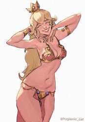 1girl armlet armpits artist_name bikini blonde_hair bracelet breasts cleavage closed_eyes cosplay crown earrings grin highres huttslayer_leia hygienic_cat jewelry loincloth long_hair mario_(series) medium_breasts metal_bikini metal_bra midriff navel nintendo pelvic_curtain princess_leia princess_leia_(cosplay) princess_peach simple_background smile solo star_wars star_wars:_return_of_the_jedi swimsuit twitter_username white_background