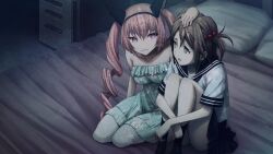 2girls :3 akiha_rumiho animal_ear_hairband animal_ears aqua_eyes ass bed_sheet bedroom black_neckerchief black_sailor_collar black_sleeves black_socks blue_dress blue_skirt breasts brown_hair cat_ears child collar collarbone cropped_shirt crossed_arms dark dark_room dress drill_hair fake_animal_ears flat_chest frilled_collar frills game_cg green_eyes hairband hand_on_another&#039;s_head headpat highres hugging_own_legs huke kneeling long_hair looking_at_another medium_breasts miniskirt multiple_girls neckerchief non-web_source official_art on_bed open_mouth pillow pink_eyes pink_hair pink_lips pleated_skirt ringed_eyes sailor_collar school_uniform serafuku shiny_lips shirt short_sleeves short_twintails sitting skirt sleeveless sleeveless_dress smile socks square_pupils steins;gate steins;gate:_linear_bounded_phenogram tearing_up tennouji_nae thick_thighs thighs tongue tsurime twin_drills twintails underbutt white_shirt white_stripes