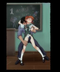 1boy 1girl age_difference amondetauro black_shoes blue_shirt blush breasts bulge classroom commentary english_commentary erection erection_under_clothes eva_02 grabbing_another&#039;s_breast green_skirt green_vest groping hand_under_clothes happy hetero highres kaji_ryouji licking neon_genesis_evangelion orange_hair panties school_uniform shirt shoes skirt smile socks souryuu_asuka_langley tokyo-3_middle_school_uniform underwear vest white_panties white_shirt white_socks