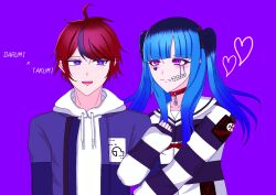 1boy 1girl ahoge amemiya_darumi arm_clutch black_hair blue_eyes blue_hair blush character_name closed_mouth collar collarbone face_piercing grabbing_another&#039;s_arm heart hetero highres hood hoodie lip_piercing makeup messy_hair multicolored_eyes multicolored_hair open_mouth piercing purple_background purple_hair red_eyes runny_makeup safety_pin shirt striped_clothes striped_shirt sumino_takumi the_hundred_line_-last_defense_academy-
