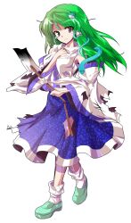 1girl alphes_(style) blue_skirt closed_mouth commentary_request dairi defeat detached_sleeves full_body gohei green_hair green_shoes grey_eyes hair_ornament holding holding_gohei kochiya_sanae large_variant_set long_hair long_skirt long_sleeves parody shirt shoes skirt snake_hair_ornament socks solo style_parody tachi-e torn_clothes touhou transparent_background variant_set white_socks wide_sleeves