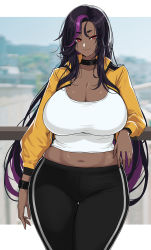 1girl against_railing black_hair black_pants bracelet breasts choker cleavage commentary curvy dark-skinned_female dark_skin english_commentary focused hella_p highres huge_breasts jacket jewelry against_railing long_hair looking_at_viewer midriff multicolored_hair navel original outdoors pants purple_hair railing red_eyes shirt skindentation smile solo standing streaked_hair tight_clothes tight_pants twitter_username white_shirt wide_hips yoga_pants