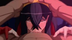 1boy 1girl :&gt;= animated bar_censor black_hair breasts carmine_(pokemon) censored colored_inner_hair crossed_bangs cum cum_in_mouth dark-skinned_male dark_skin erection eyelashes fellatio habu_(habuya) hair_between_eyes hairband hetero irrumatio large_breasts licking licking_penis lips long_hair looking_at_another looking_at_viewer mole mole_under_eye multicolored_hair nintendo nipples nude oral penis pokemon pokemon_sv pov red_hair sound squatting tagme tears two-tone_hair veins veiny_penis video yellow_eyes yellow_hairband
