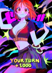 1girl breasts cleavage clima-tact cloud cowboy_shot crop_top cropped_shirt dark_clouds dot_nose fake_trading_card hands_up highres holding holding_staff looking_at_viewer low_neckline medium_breasts midriff miniskirt nami_(one_piece) navel official_alternate_costume one_piece orange_eyes orange_hair second-party_source short_sleeves skirt smile solo sound_effects sparkle staff star_(symbol) totorolls