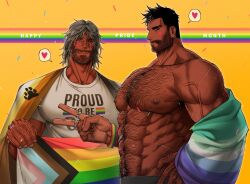 Rule 34 | 2boys, abs, animal bag, bara, bare pectorals, bear bag, beard stubble, black hair, character request, couple, cowboy shot, dark-skinned male, dark skin, dobek k, facial hair, gay male pride flag, hairy, highres, huge pectorals, large hands, lgbt pride, looking at viewer, male focus, mature male, multiple boys, muscular, muscular male, navel, navel hair, nipples, original, pectorals, pride month, profile, progress pride flag, rainbow, rainbow flag, sam (dobek k), scp foundation, shirt, short hair, sideburns, simple background, standing, stomach, strongman waist, stubble, thick chest hair, thick eyebrows, thick navel hair, v, yaoi