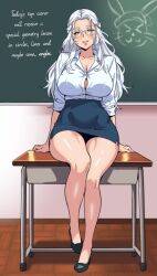 Rule 34 | 1girl, alternate costume, bare legs, blue eyes, braid, breasts, button gap, chalkboard, classroom, cleavage, desk, doodled object, english text, final fantasy, final fantasy xiv, glasses, green eyes, half up braid, half updo, high heels, jamjamstyle, large breasts, lips, long hair, looking at viewer, loporrit, miniskirt, on desk, pumps, school desk, shirt, sitting, skirt, smile, solo, teacher, thick thighs, thighs, venat (ff14), wavy hair, white hair, white shirt
