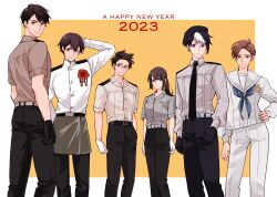 1girl 5boys absurdres axis_powers_hetalia belt beret black_hair border brown_eyes brown_hair ca_lamari collared_shirt dated feet_out_of_frame flower glasses gloves happy_new_year hat highres indonesia_(hetalia) jacket long_sleeves looking_at_viewer malaysia_(hetalia) multicolored_hair multiple_boys neckerchief new_year orange_background pants philippines_(hetalia) ponytail purple_eyes sailor_collar shirt short_hair short_sleeves simple_background singapore_(hetalia) smile streaked_hair thailand_(hetalia) two-tone_hair vietnam_(hetalia) white_border white_hair