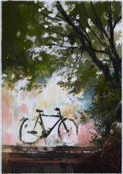bicycle bush day highres no_humans original painting_(medium) path plant road scenery shadow slow_d sunlight traditional_media tree tree_shade watercolor_(medium)