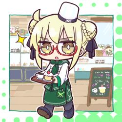1girl :o apron artoria_pendragon_(fate) black_shoes blonde_hair blush braid brown_eyes chibi coffee cup cupcake double_bun fate/grand_order fate_(series) food green_apron grey_pants hair_between_eyes hair_bun halftone halftone_background hat holding holding_tray kasuga_yuuki menu_board mysterious_heroine_xx_alter_(fate) pants parted_lips red-framed_eyewear saucer semi-rimless_eyewear shirt shoe_soles shoes solo sparkle tray under-rim_eyewear v-shaped_eyebrows waist_apron walking white_hat white_shirt wooden_floor
