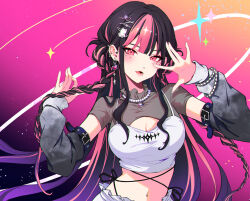 1girl arm_belt belt black_belt black_hair braid breasts cleavage detached_sleeves earrings gradient_sleeves grey_sleeves hair_ornament heart heart_hair_ornament highres jewelry lip_piercing long_hair minj_kim mole mole_under_eye multicolored_hair multiple_moles navel necklace nose_piercing nose_ring original pearl_necklace piercing pink_eyes pink_hair solo streaked_hair tongue twin_braids