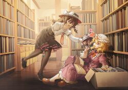 2girls black_pantyhose black_shoes blonde_hair book bookshelf bow box brown_hair brown_shoes cardboard_box dress fedora frills fumo_(doll) furahata_gen hat hat_bow heart highres laughing library long_sleeves maribel_hearn mob_cap multiple_girls necktie open_book open_mouth pantyhose purple_dress red_eyes red_necktie shirt shoes short_hair skirt smile touhou usami_renko white_bow white_pantyhose white_shirt wooden_floor