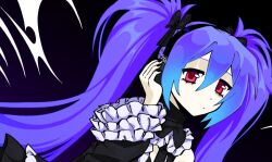 1girl bags_under_eyes black_background black_nails danciingcosmos frilled_sleeves frills hair_between_eyes hatsune_miku hatsune_miku_(infinity) headphones long_hair looking_at_viewer pale_skin project_diva_(series) project_diva_2nd purple_hair red_eyes solo twintails very_long_hair vocaloid