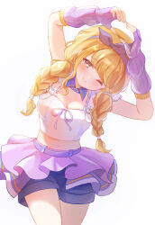 1girl ;) arms_up blonde_hair blue_collar blue_shorts blush braid breasts brown_eyes cleavage closed_mouth collar commentary_request crop_top detached_collar fingerless_gloves fujita_kotone gakuen_idolmaster gloves head_tilt heart heart_hands idolmaster long_hair low_twintails medium_breasts navel nikoo one_eye_closed purple_gloves purple_ribbon purple_skirt ribbed_gloves ribbon shorts shorts_under_skirt simple_background skirt smile solo twin_braids twintails white_background wing_collar